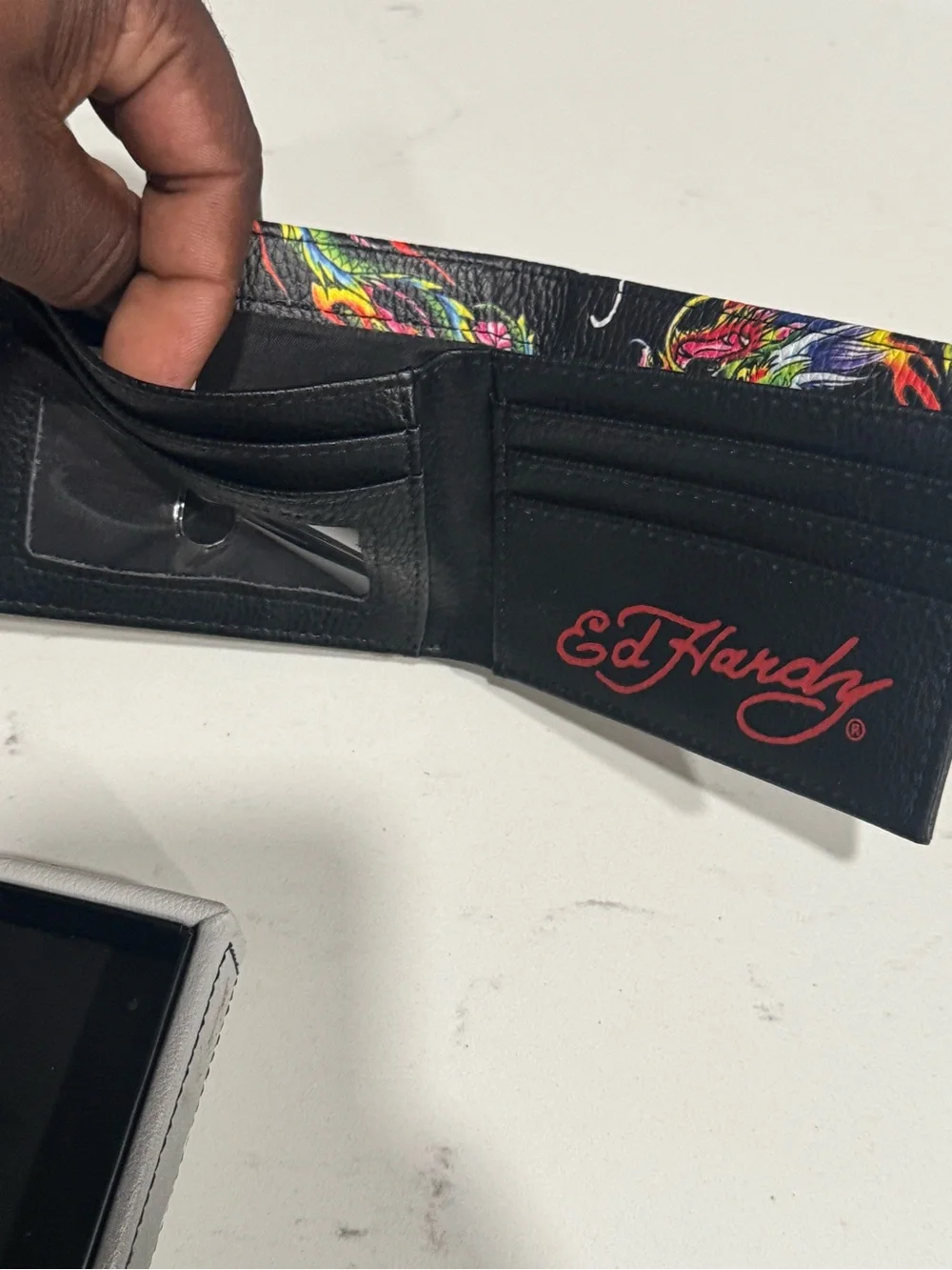 Ed Hardy Black Leather Wallet with Multicolor Dragon Art
